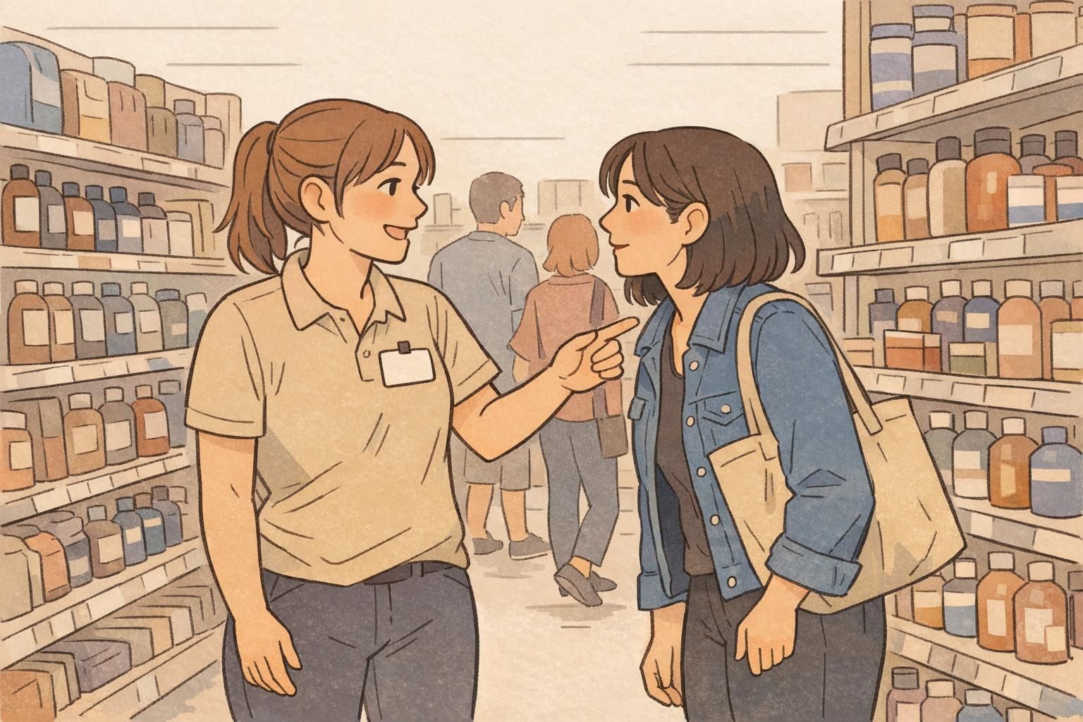 Store employee wearing a retail name badge clipped to the upper chest helping a customer find an item in an aisle.