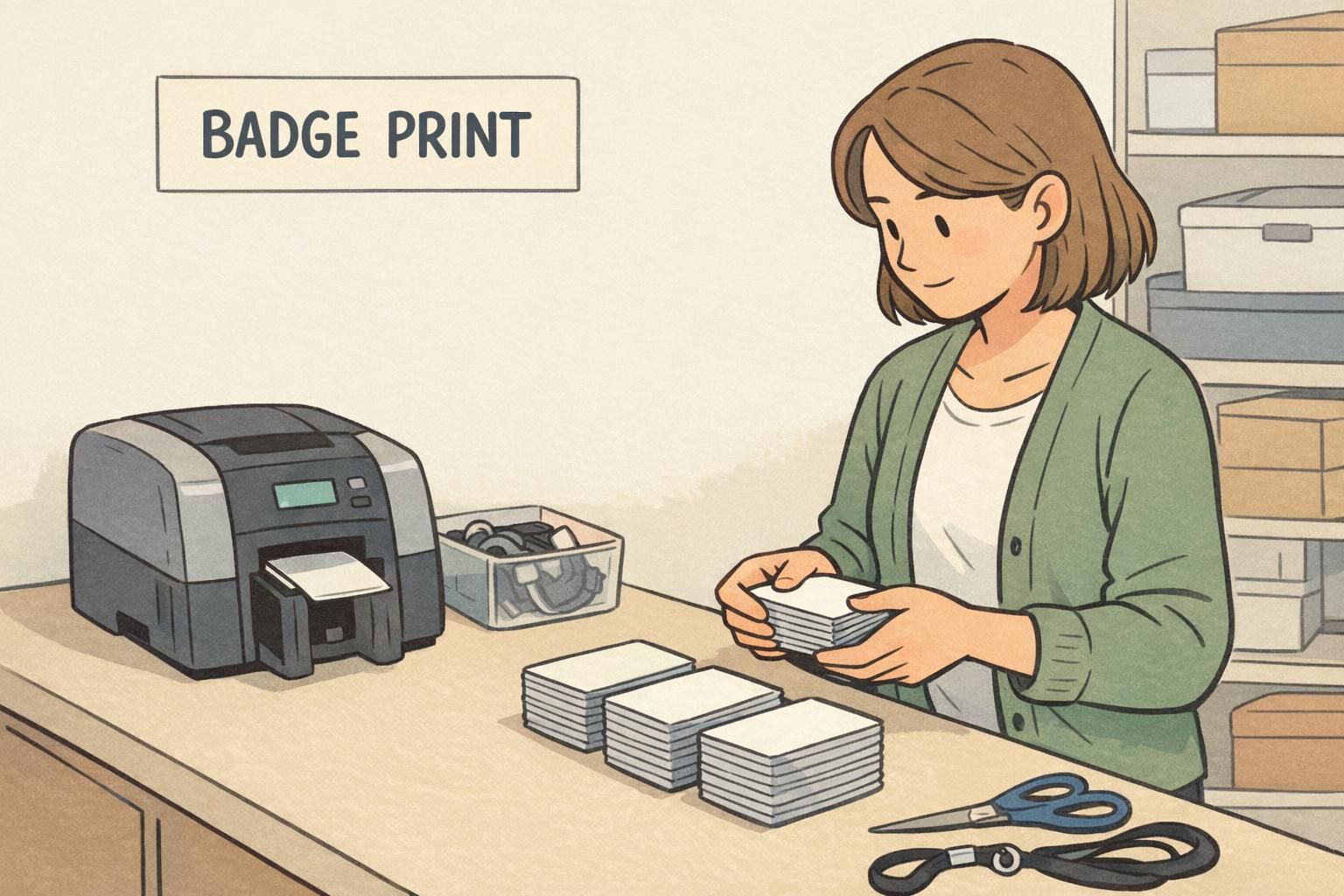 An administrator at a printer station preparing a stack of office visit badge cards ahead of scheduled onsite days.