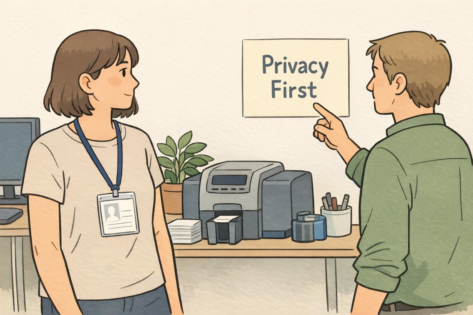 Employees at a badge printing station with a privacy-first reminder on the wall while a coworker holds a sample ID in a clear holder.