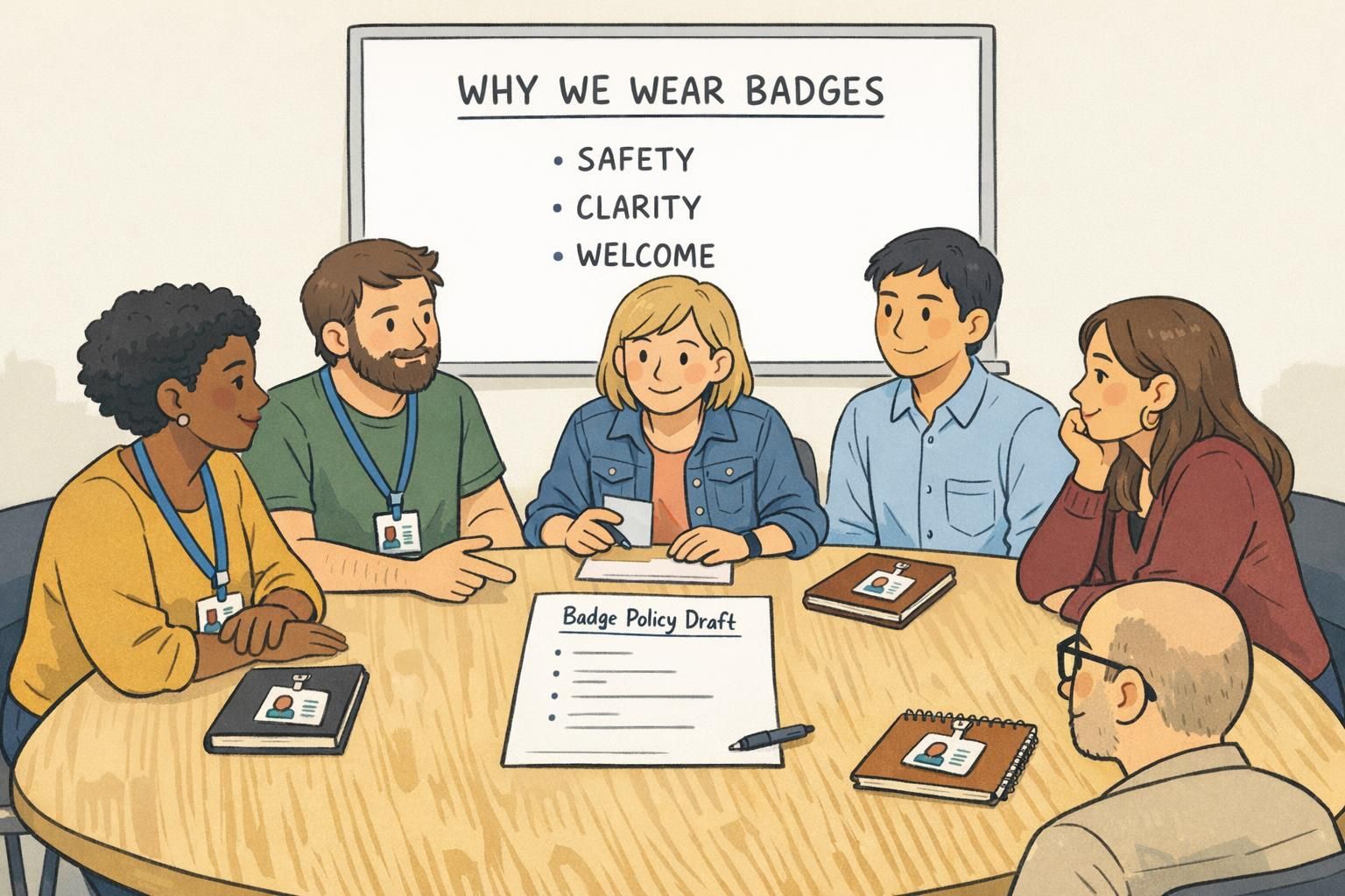 A diverse team meeting around a table reviewing a simple badge policy draft and comparing badge layouts to encourage shared adoption.