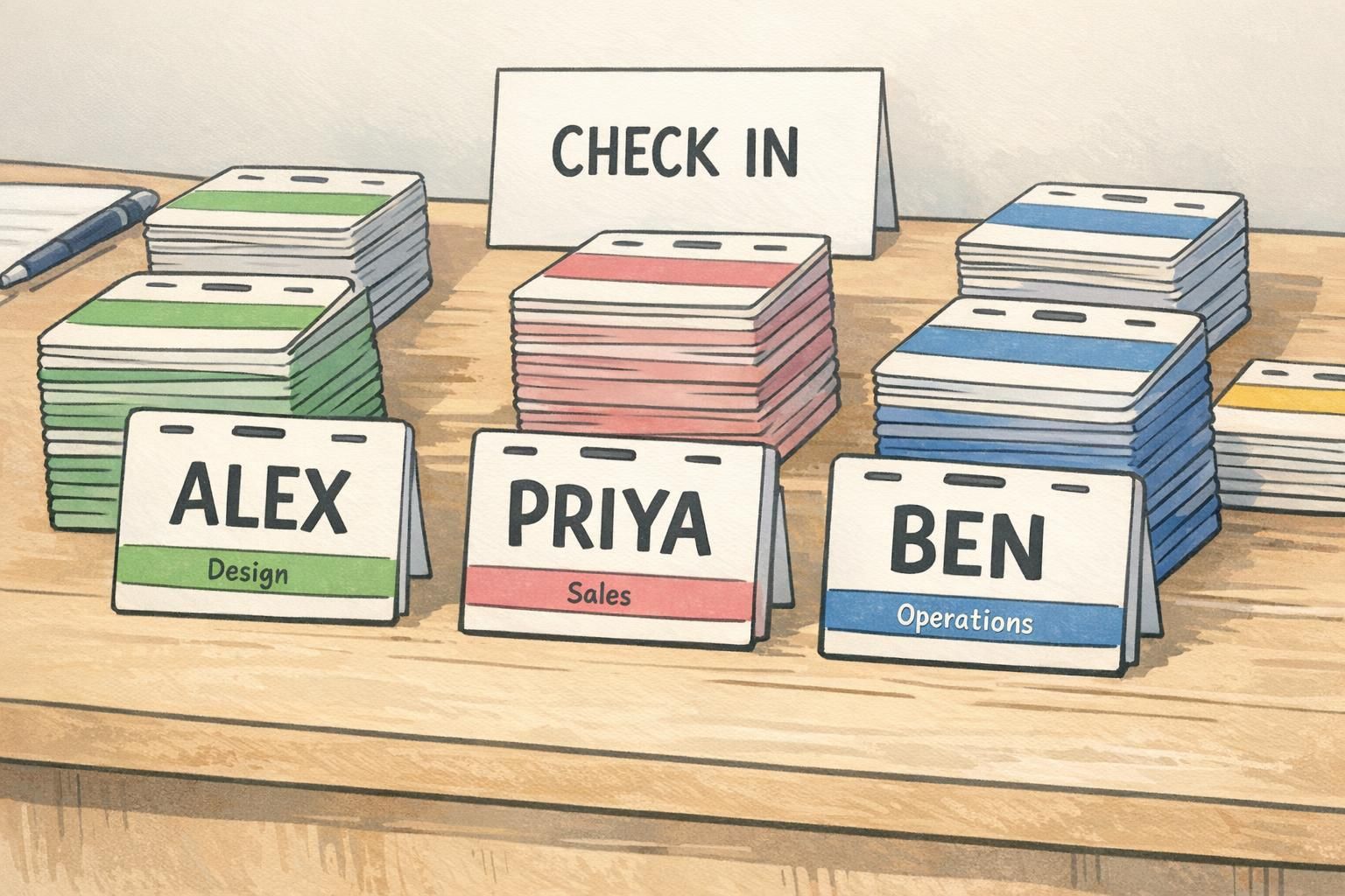 A check-in table with stacks of team event name tags organized by department color bands, each showing a large first name and one short role line.