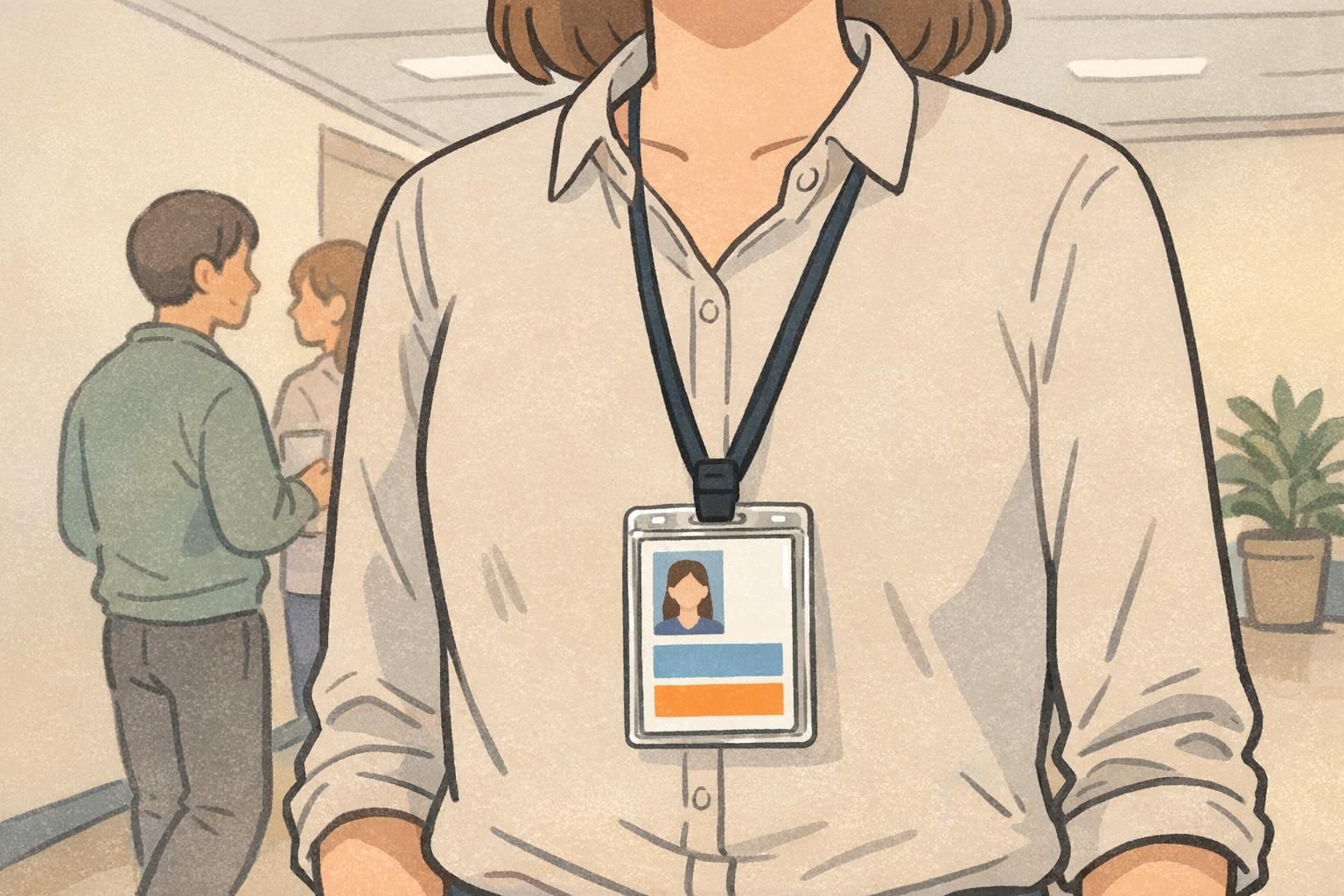 Employee wearing a vertical ID badge on a dark lanyard in a hallway, showing a clear photo panel and bold color blocks for quick recognition.