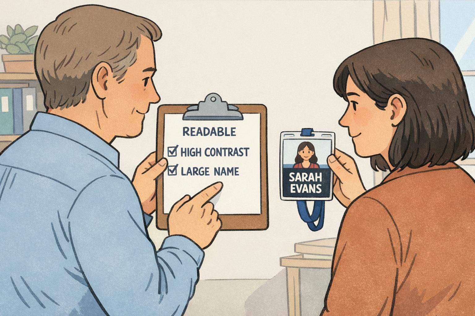 Manager and employee reviewing a printed badge checklist focused on readability, high contrast, and providing a large-name option for accessible badges.