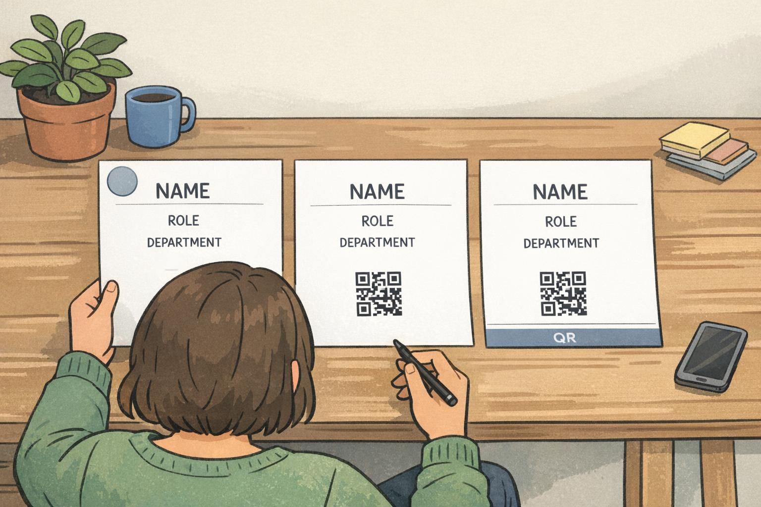 A designer compares printed badge mockups side-by-side showing corner versus footer strip logo placements and generous whitespace for clear hierarchy.