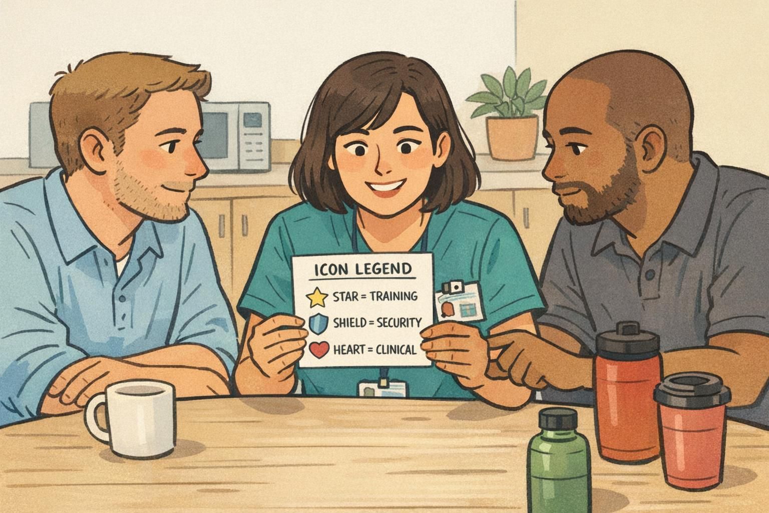 Three coworkers study a printed ICON LEGEND sheet that defines symbols like a star for training, a shield for security, and a heart for clinical roles to standardize role badge symbols.