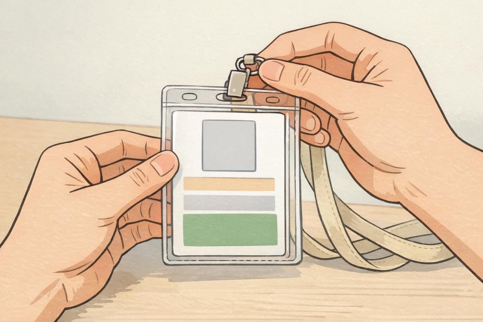 Hands placing an ID card into a clear vertical badge holder clipped to a neutral lanyard, keeping the credential visible while allowing optional color.