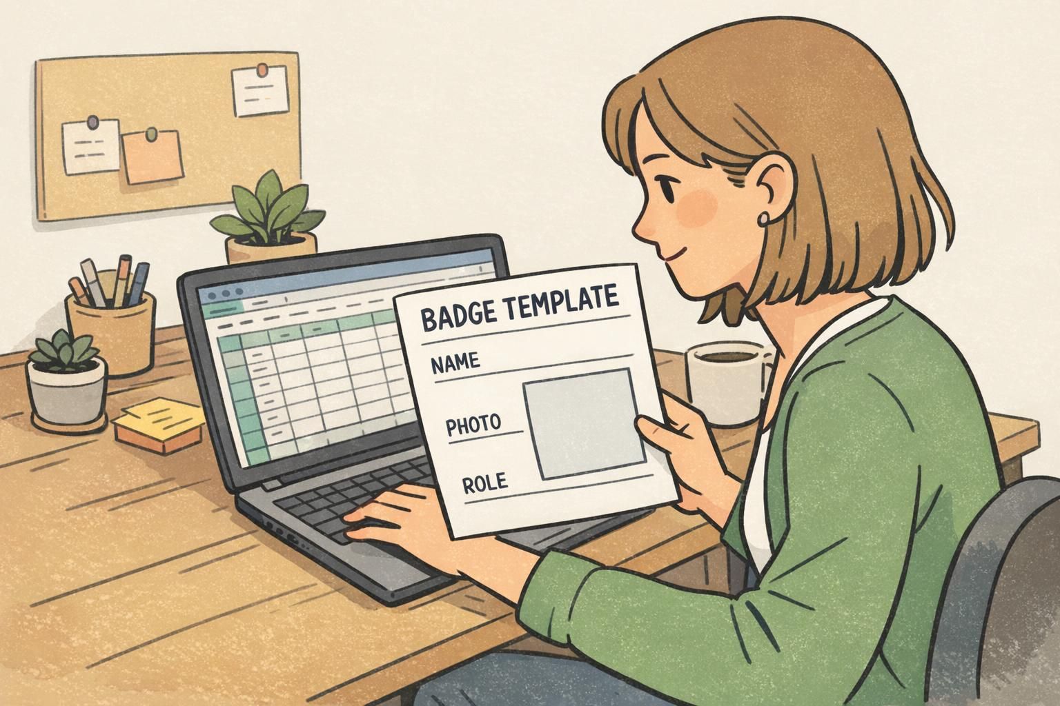 HR coordinator updates a roster on a laptop while referencing a printed badge template with labeled fields for name, photo, and role.