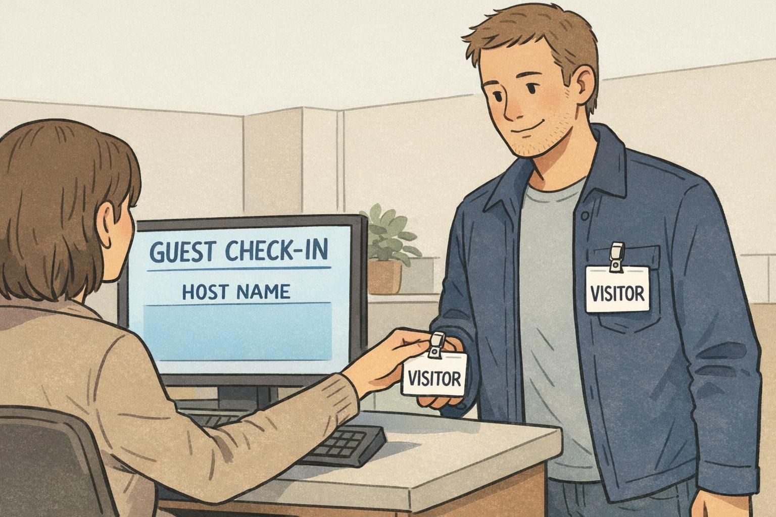 Receptionist finalizes a guest check in on a computer while handing a VISITOR badge to the guest, showing the check-in step in the front desk routine.