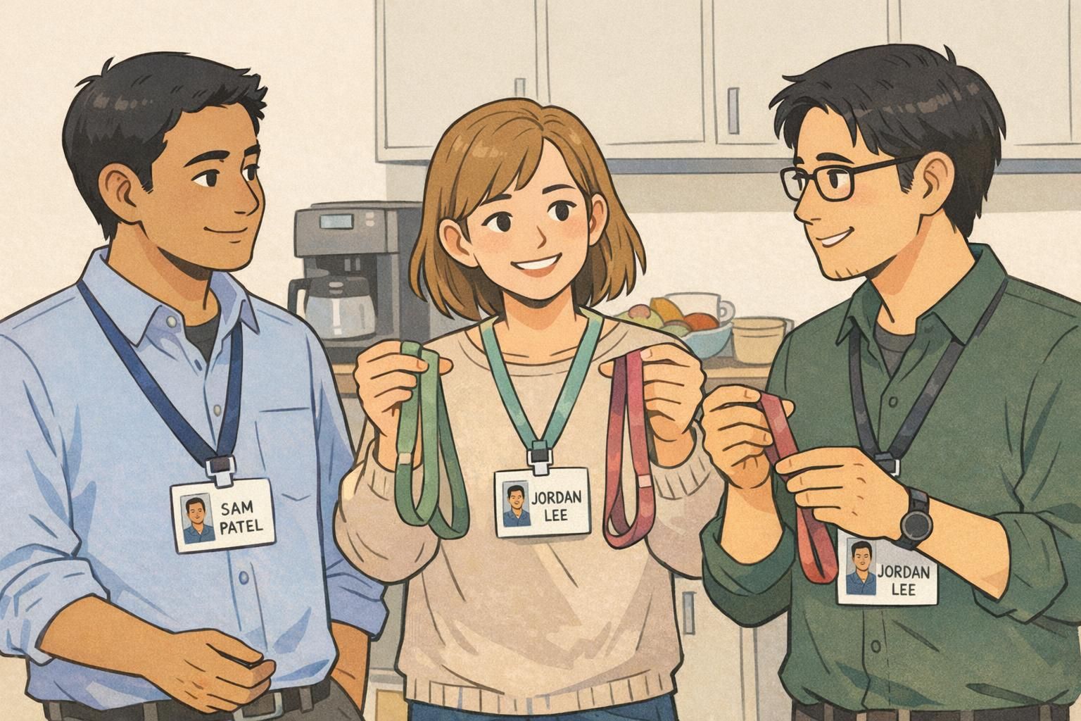 Three employees compare approved personalized lanyards while each wears an identical-format ID badge that remains fully visible and unobstructed.