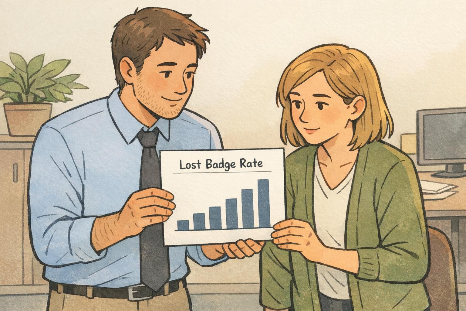 Manager and HR coordinator review a one-page chart highlighting the lost badge rate to identify trends and practical fixes.
