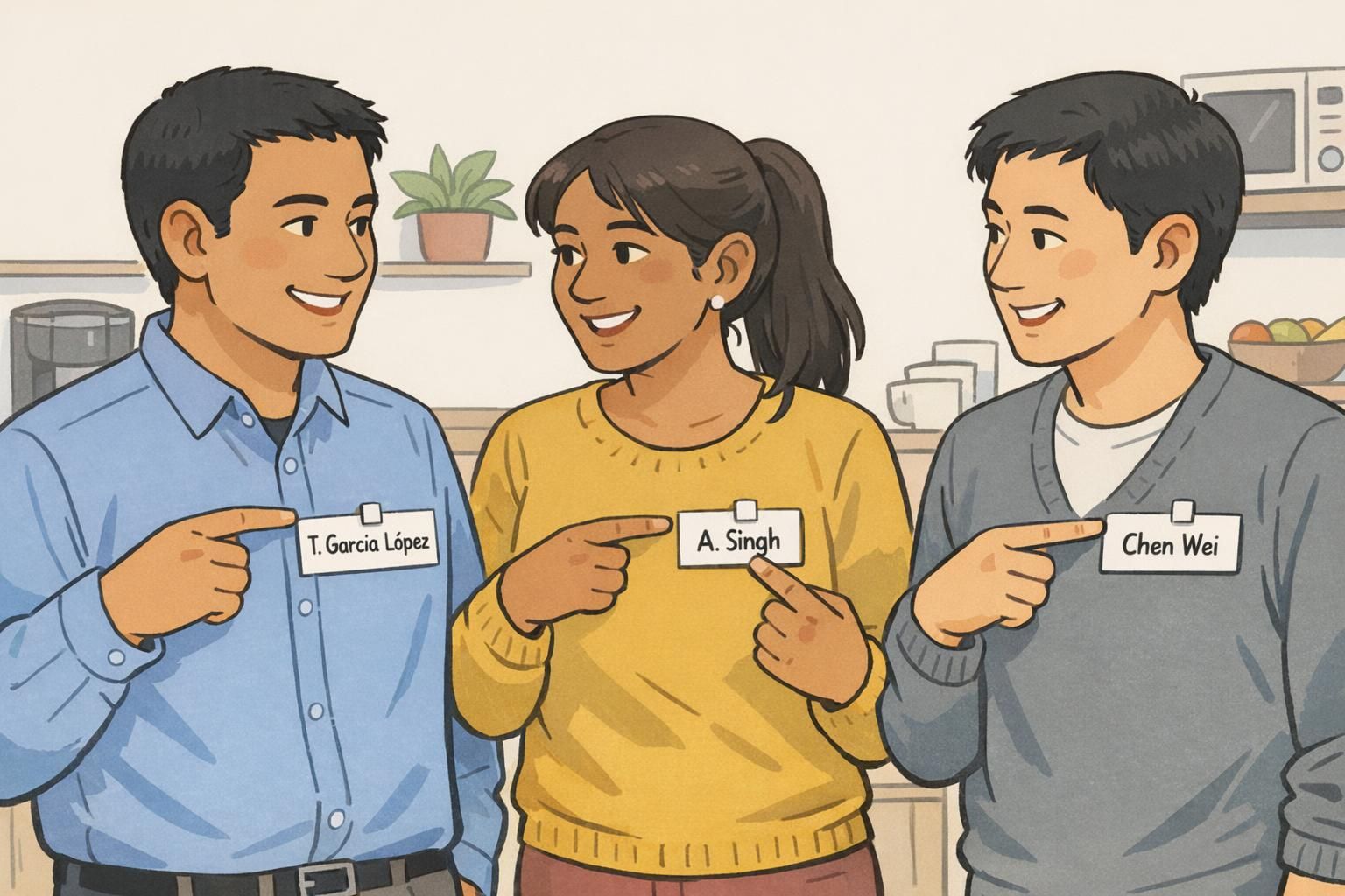 Colleagues compare name tags that include diverse family name formats and diacritics, demonstrating cultural sensitivity and accurate name spelling.