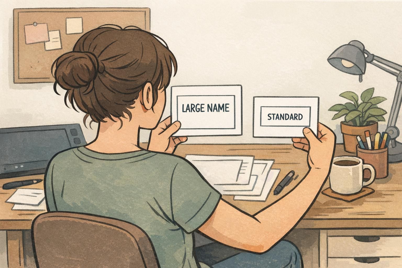 Designer at a desk comparing a standard badge layout to a large print badge variant that features a bigger name area to improve readability.
