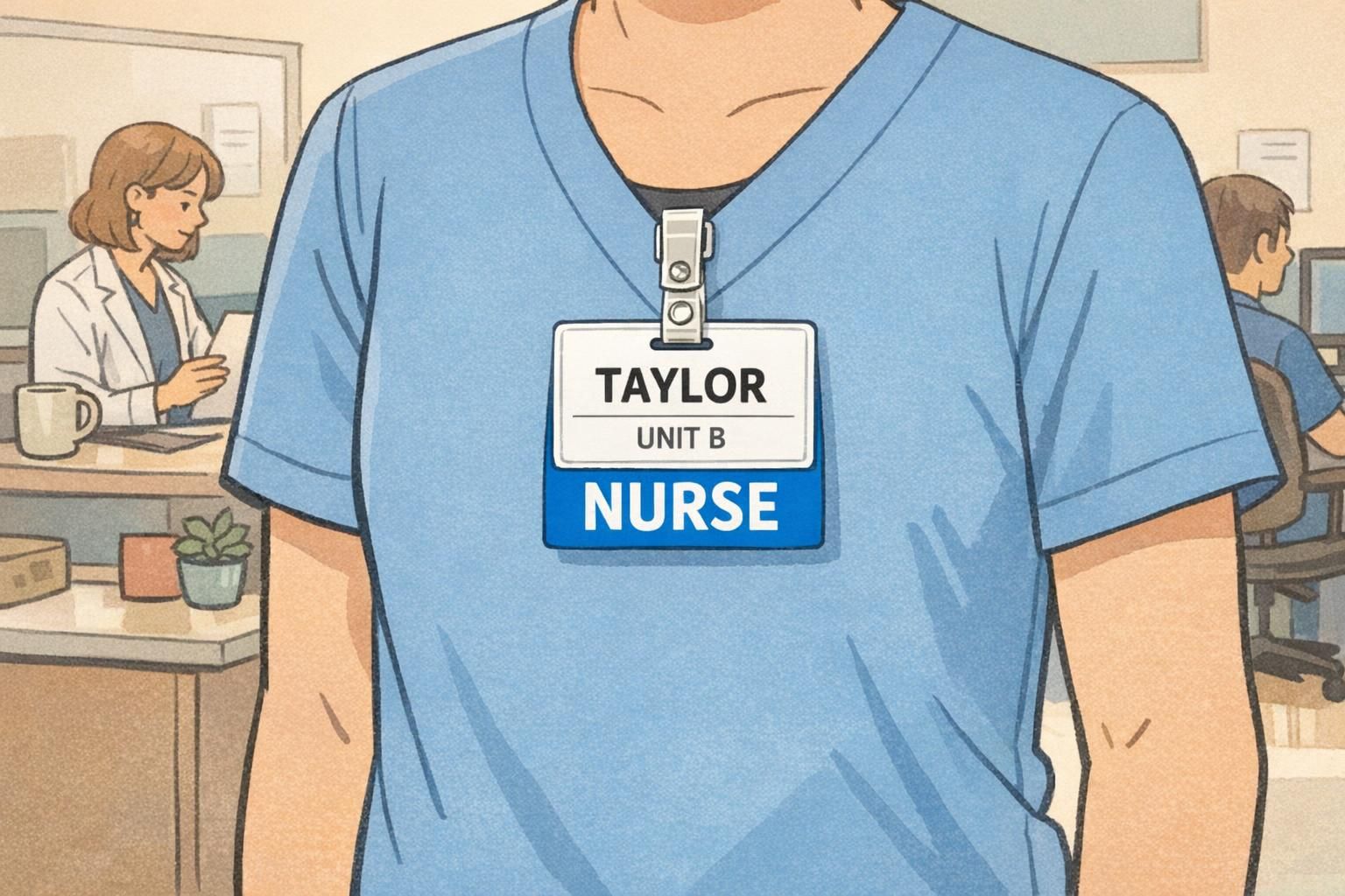 An ID badge 'TAYLOR' is paired with a bright blue badge buddy reading NURSE to provide instant role recognition at a healthcare station.