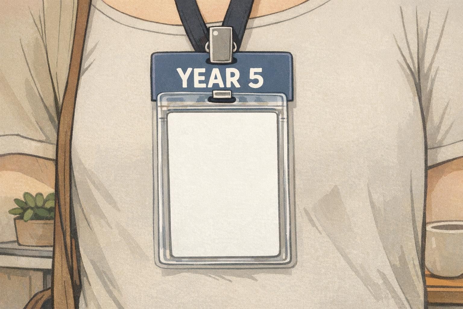 Close-up of a lanyard ID with a badge buddy backing card behind it showing a simple YEAR 5 marker to indicate years of service.