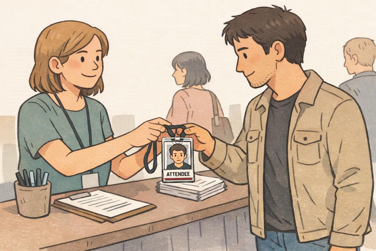 Conference attendee receiving a portrait event badge on a lanyard with a clear ATTENDEE role band.