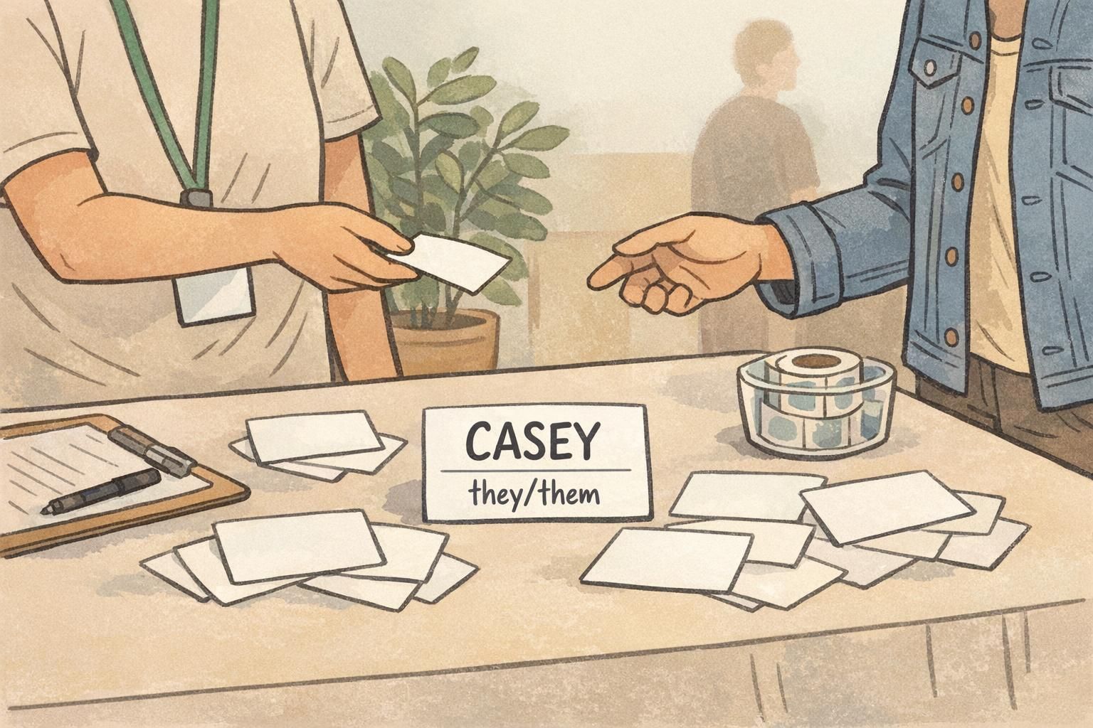 Volunteer at an event check-in handing out adhesive badges; one badge clearly shows “CASEY” and the pronouns “they/them.”