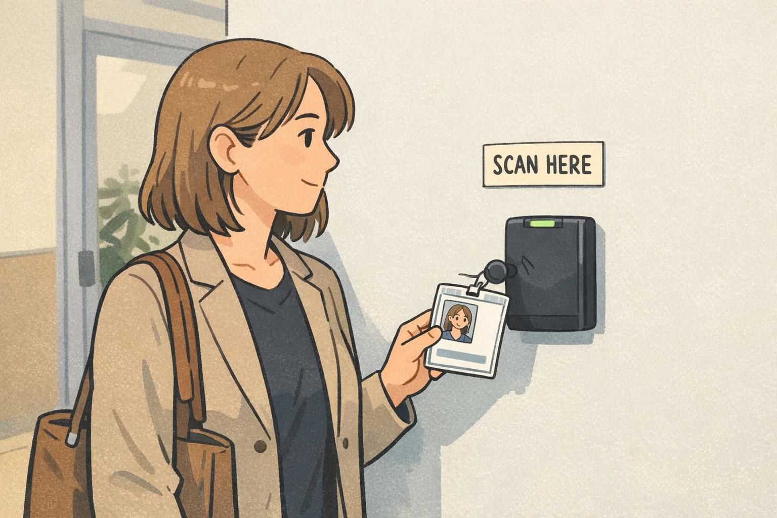 Employee presenting an ID badge at a wall-mounted scanner with a clean front layout and an unobstructed scan area.