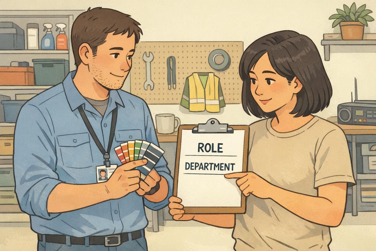 Two facilities employees compare color swatches and a draft ID layout on a clipboard while discussing role identification and department labeling.