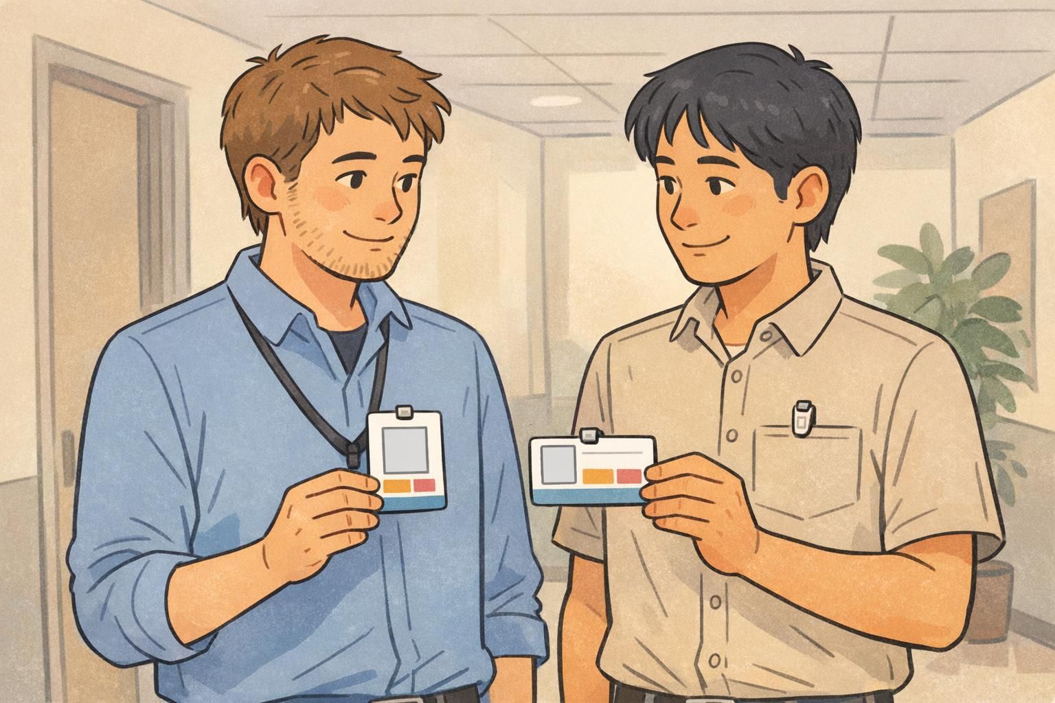 Two coworkers in a hallway comparing a vertical ID badge on a lanyard and a horizontal badge clipped to a shirt pocket.