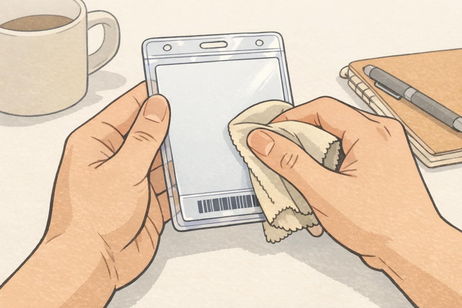 Hands gently wiping a badge in a clear holder with a microfiber cloth to keep the barcode scanning surface clean and low-glare.