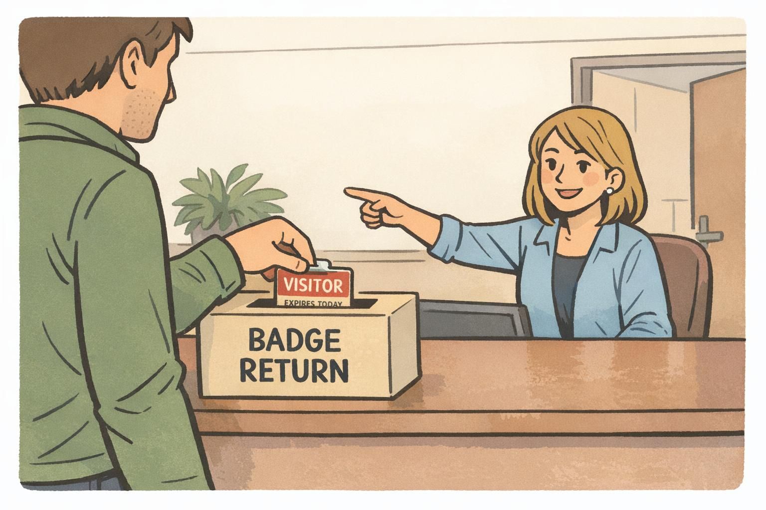 A visitor drops a VISITOR badge into a labeled 'BADGE RETURN' box at reception, completing the guest check in/out process and preventing badge reuse.