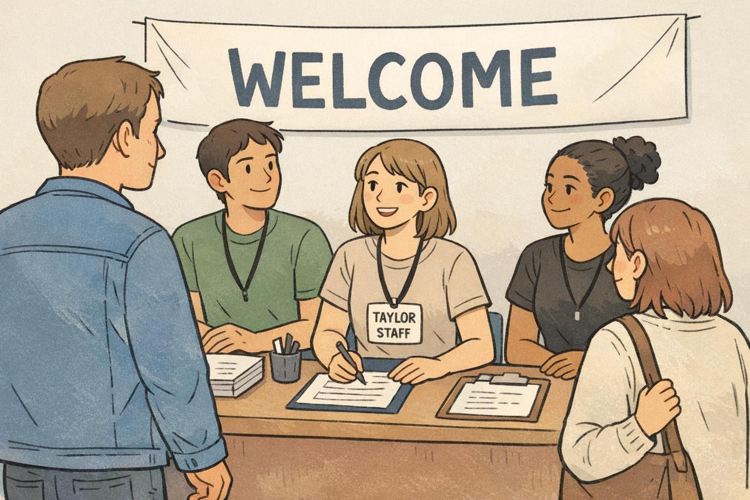 Event check-in staff wearing visible badges on lanyards to help guests quickly identify who can assist at the welcome desk.