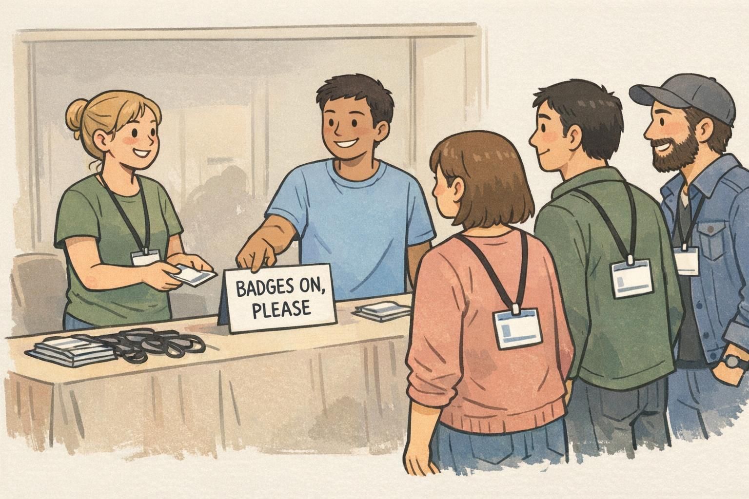 Event check-in table with volunteers welcoming attendees and handing out lanyard badges, demonstrating friendly security in action.
