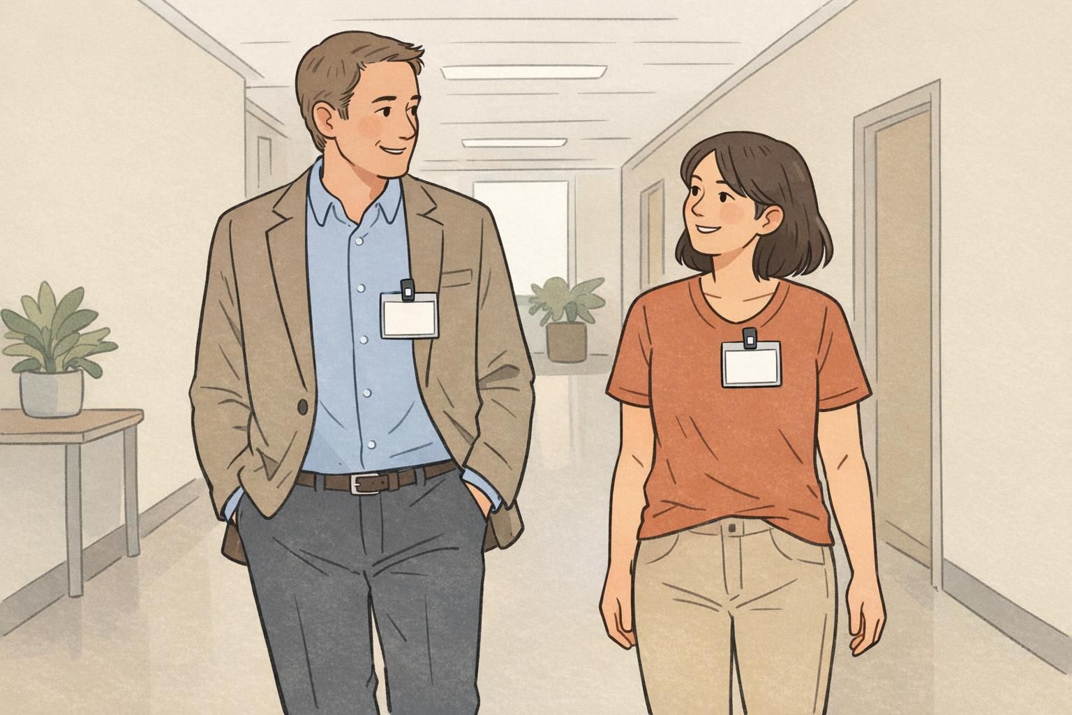 Manager and employee walk through a hallway with straight, readable ID badges clipped at chest level, modeling badge compliance for others.