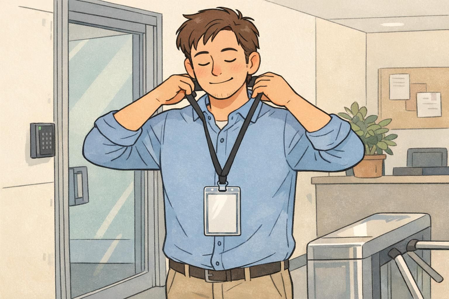 An employee adjusts a breakaway lanyard so the badge hangs flat and doesn’t twist, illustrating a simple fix that improves badge comfort.