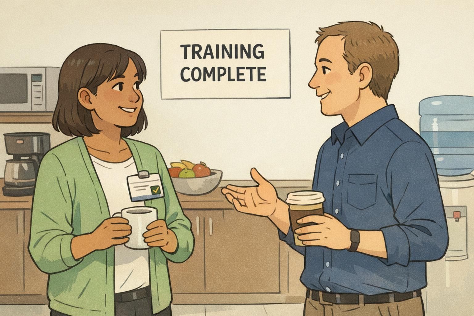 Two employees chat in a breakroom while one wears a name tag with a small icon indicating completed training as a subtle recognition cue.