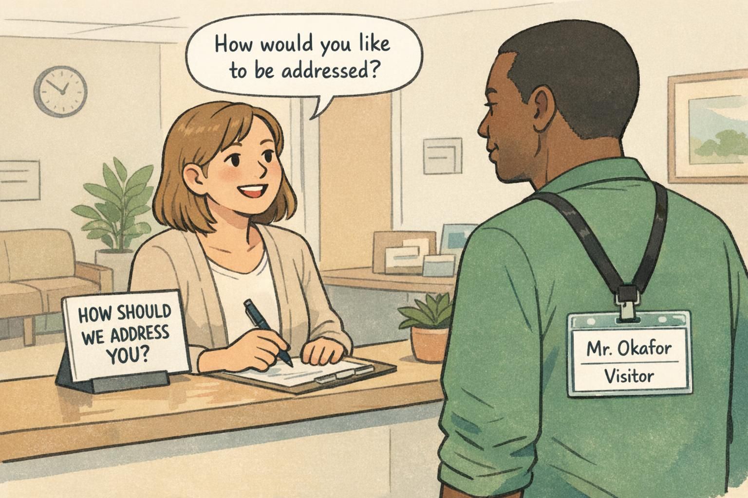 Clinic reception staff confirm how a visitor prefers to be addressed as a badge is prepared, illustrating titles on badges being chosen at check-in.