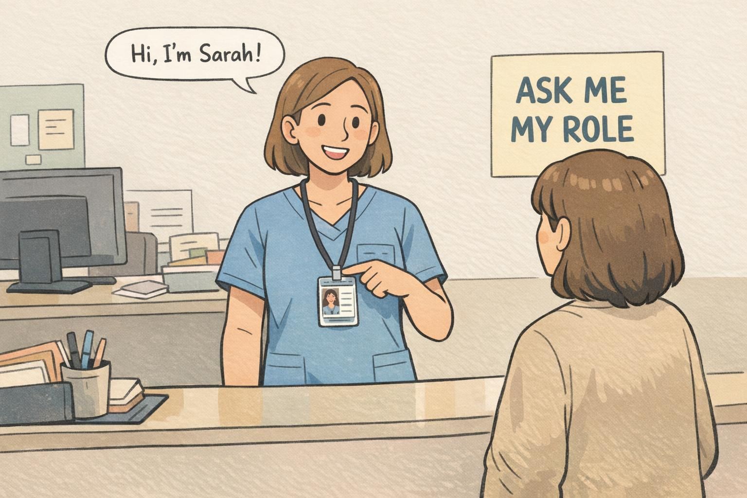 A staff member at a nurses’ station points to their ID while introducing their role to a patient’s family member, reinforcing verbal role identification.