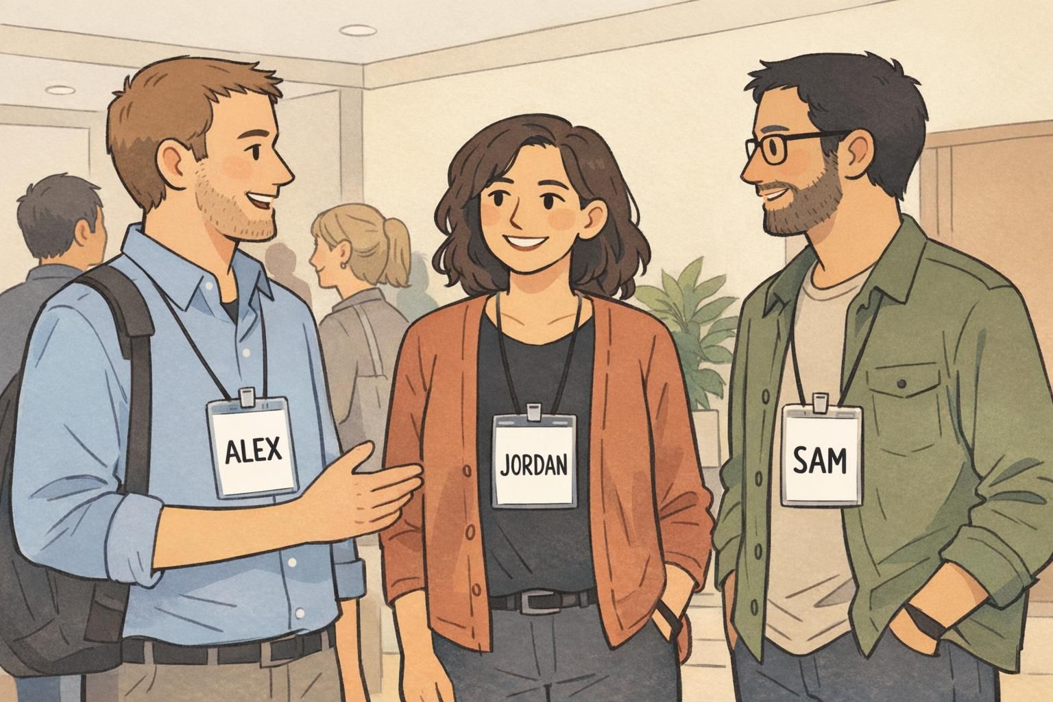 Three networking attendees wear vertical event badges with large centered names and generous whitespace for fast recognition and clean badge design.