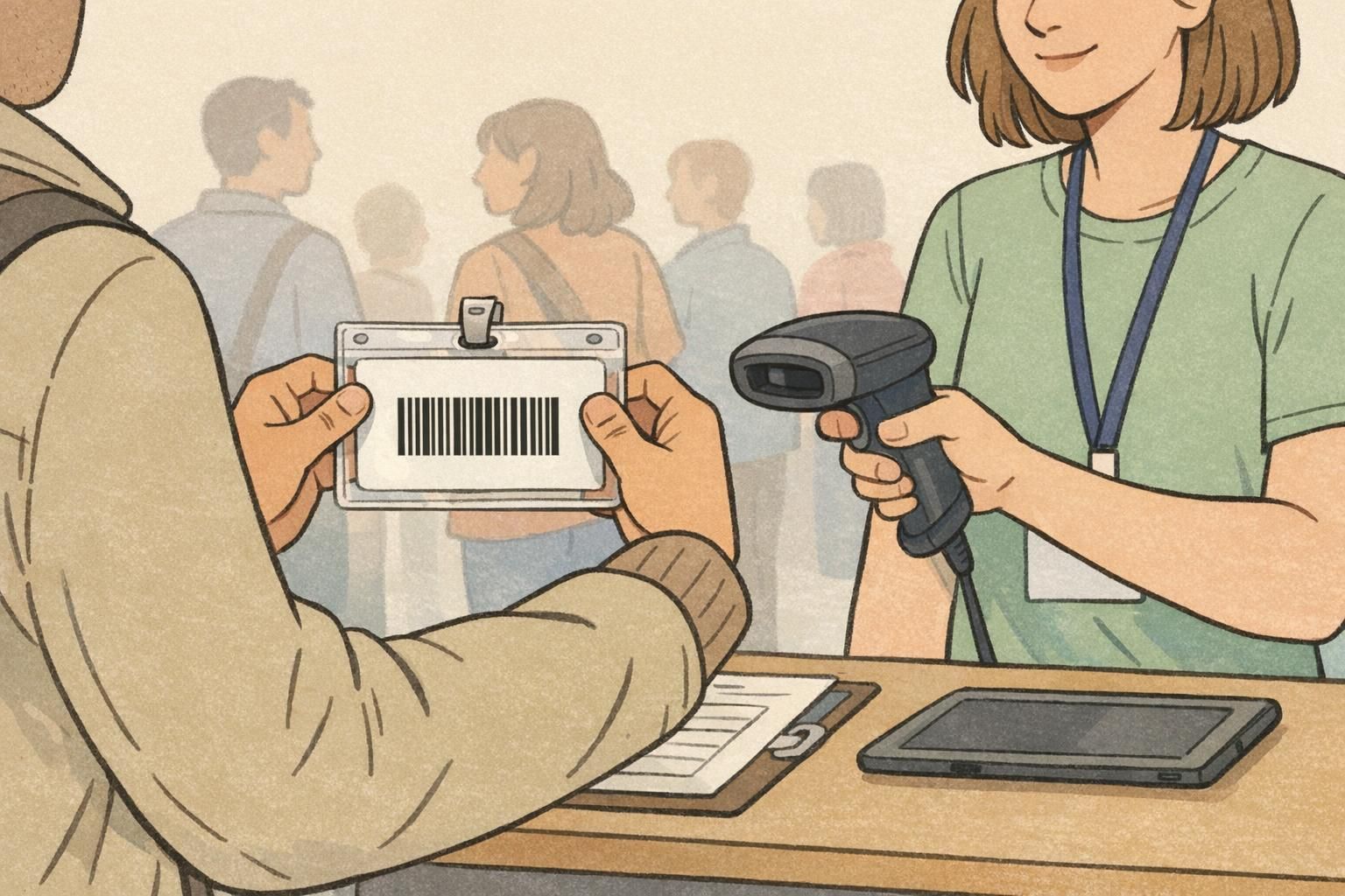 Volunteer scanning a barcode ID card held straight and centered inside a clear holder at event check-in, demonstrating reliable barcode scanning in practice.