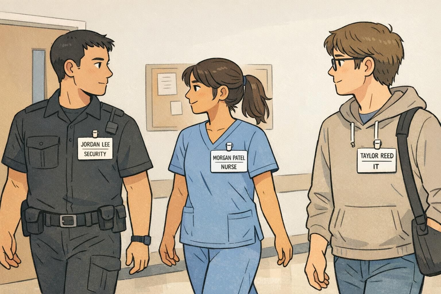 Three employees walk in a hallway wearing standardized badges with consistent name and role placement on metal clips.