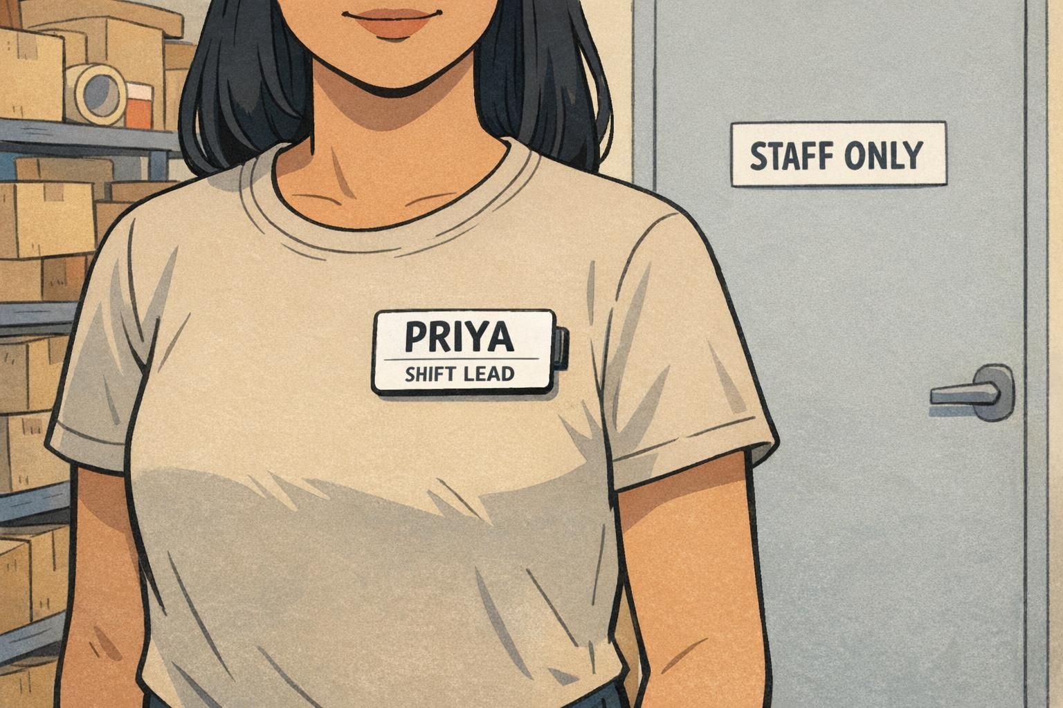A warehouse employee wears a magnetic name badge at chest height reading PRIYA (Shift Lead), with a 'Staff Only' sign visible on a nearby door.