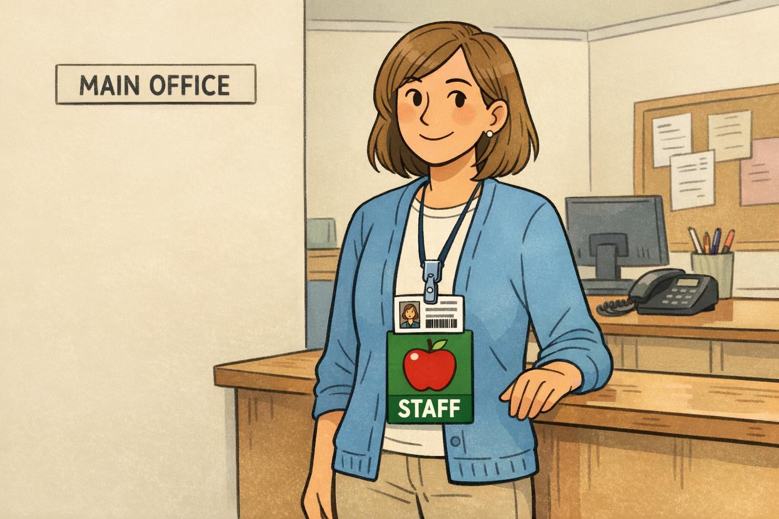 A school office staff member wears an ID card stacked with a green badge buddy showing an apple icon and STAFF, demonstrating badge icons for fast role recognition.