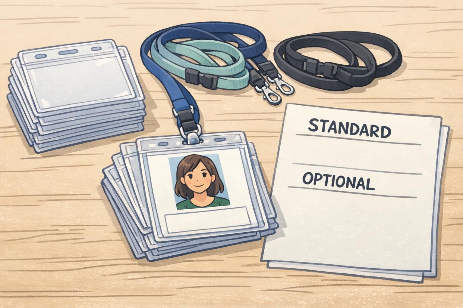 Desk with badge supplies including clear holders, breakaway lanyards, and a one-page guide showing standard versus optional items with an unobstructed ID badge placed on top.