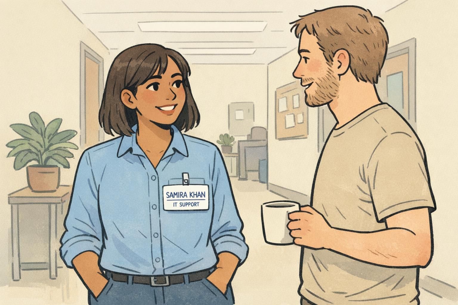 Coworker wearing an accessible ID badge clipped to a shirt pocket, showing a clear readable name tag in plain sans-serif text with the role beneath.