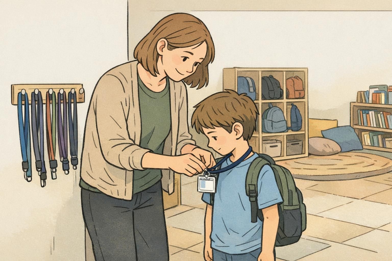 Teacher helps a young student clip on an ID card at a classroom rack, supporting early habits and student responsibility through a calm, routine process.