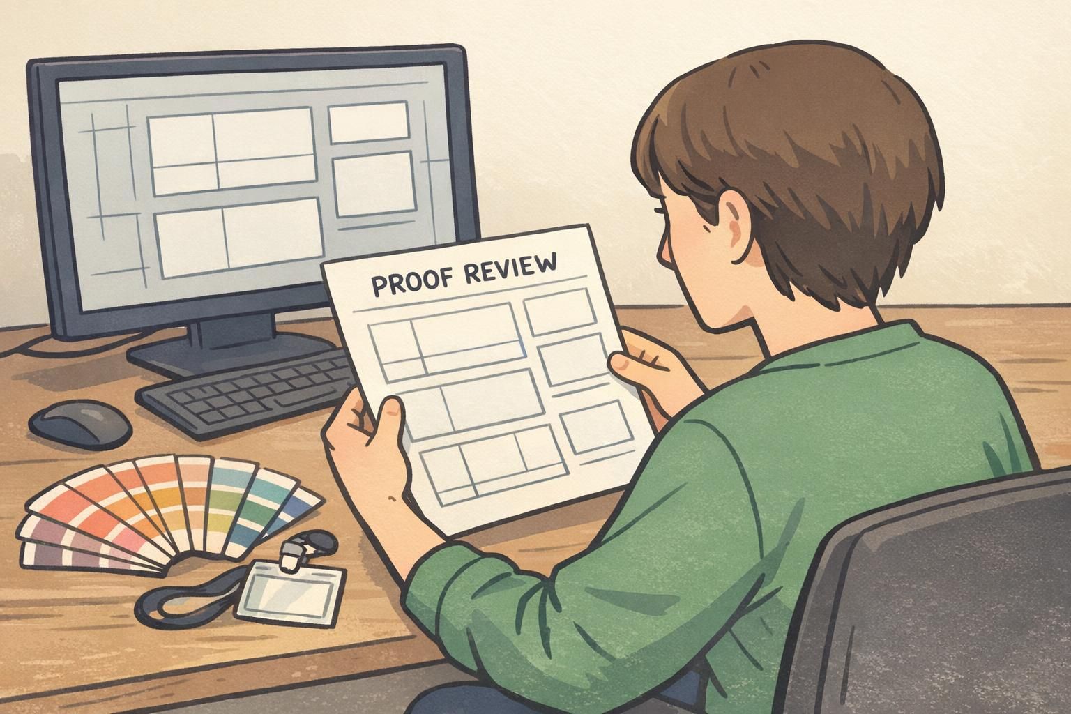 Designer reviewing a full-scale printed proof and alignment guides at a desk to confirm badge buddy layout, spacing, and attachment placement before production.