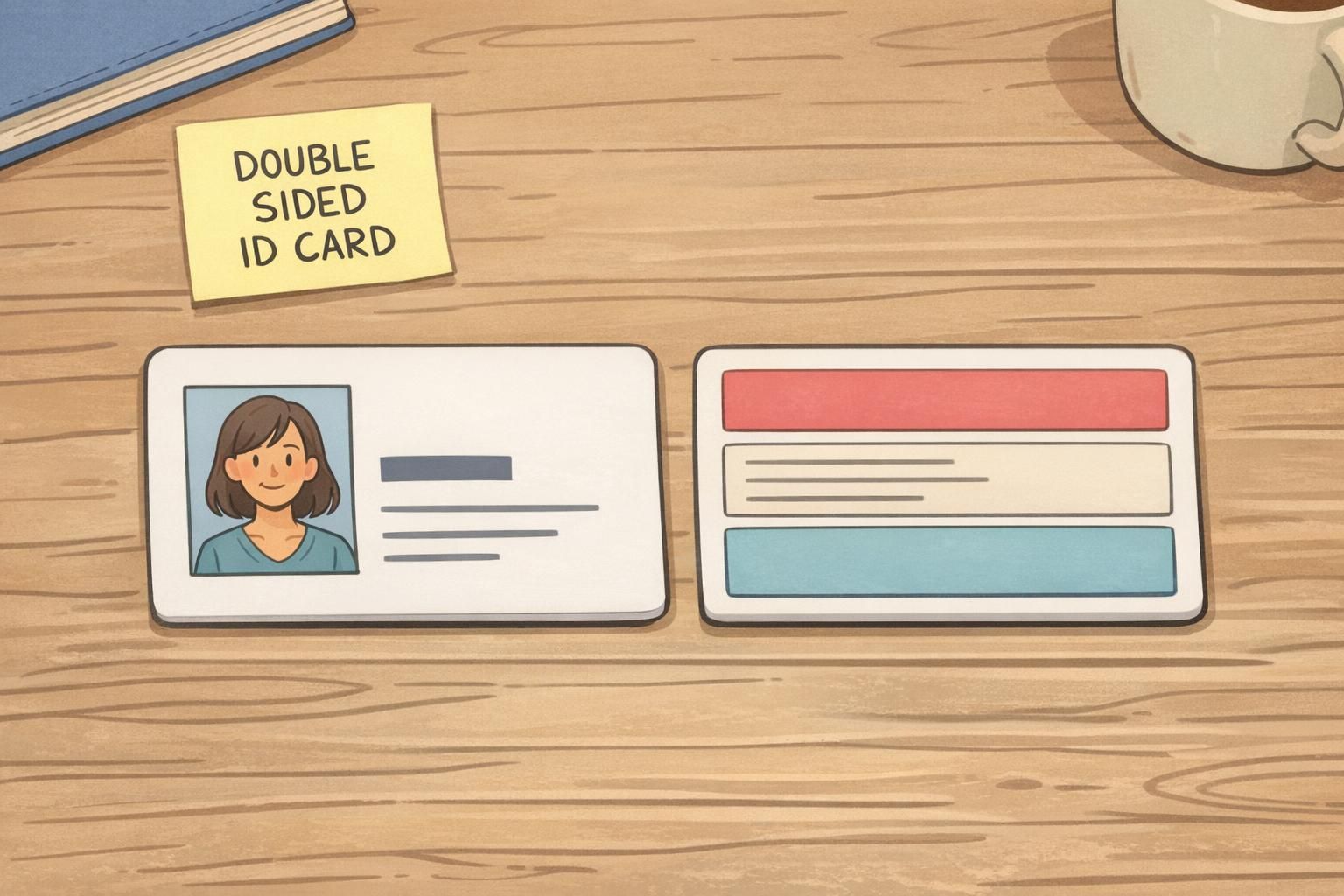 Two sample ID cards laid flat showing a front layout with photo and name and an organized back layout with grouped badge information blocks.