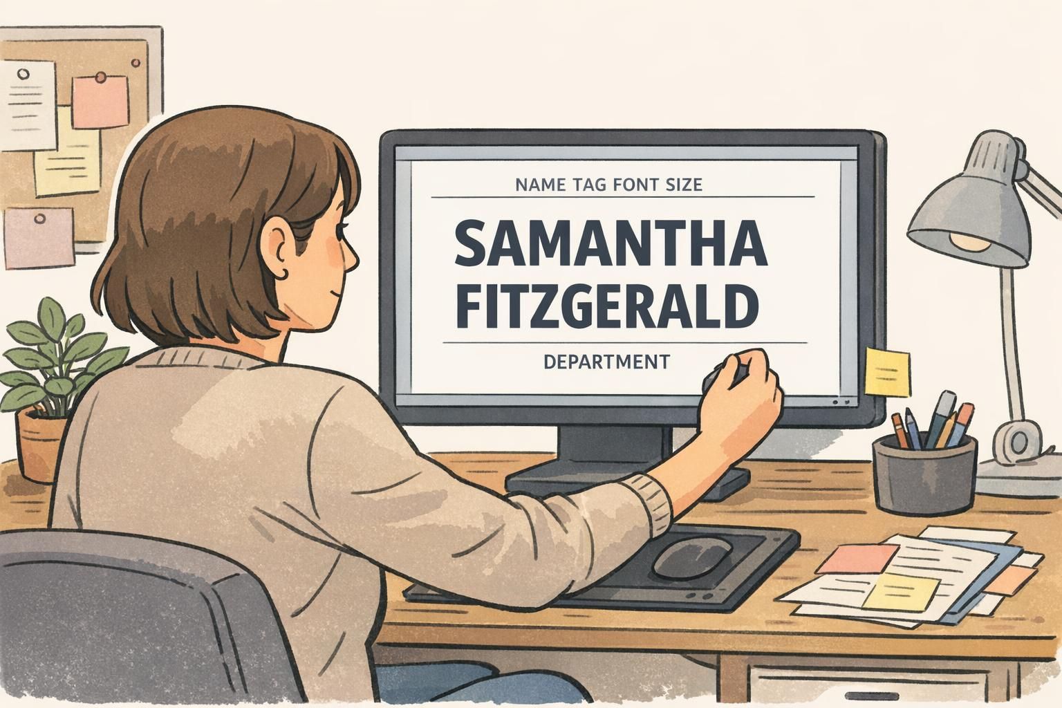 A designer adjusts a badge template on a monitor, testing name tag font size, weight, and spacing for a two-line name example.