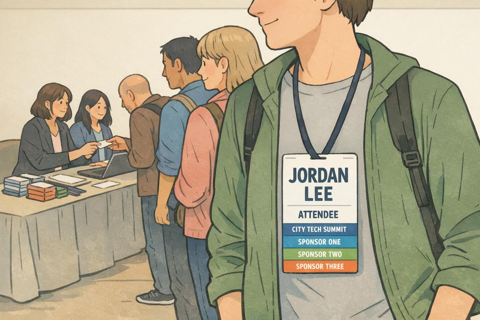 Conference check-in scene with an attendee wearing an event badge that shows a large name, a smaller event mark, and a contained sponsor row illustrating badge branding.