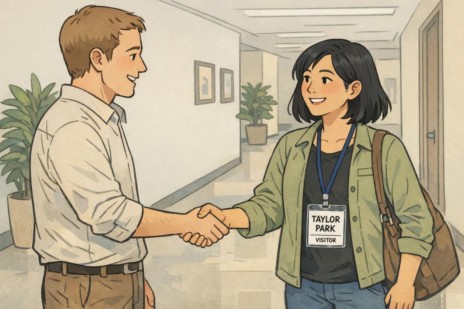 A hallway greeting where a host meets a visiting colleague wearing an office visit badge on a navy lanyard with a clear holder showing the visitor label and name.