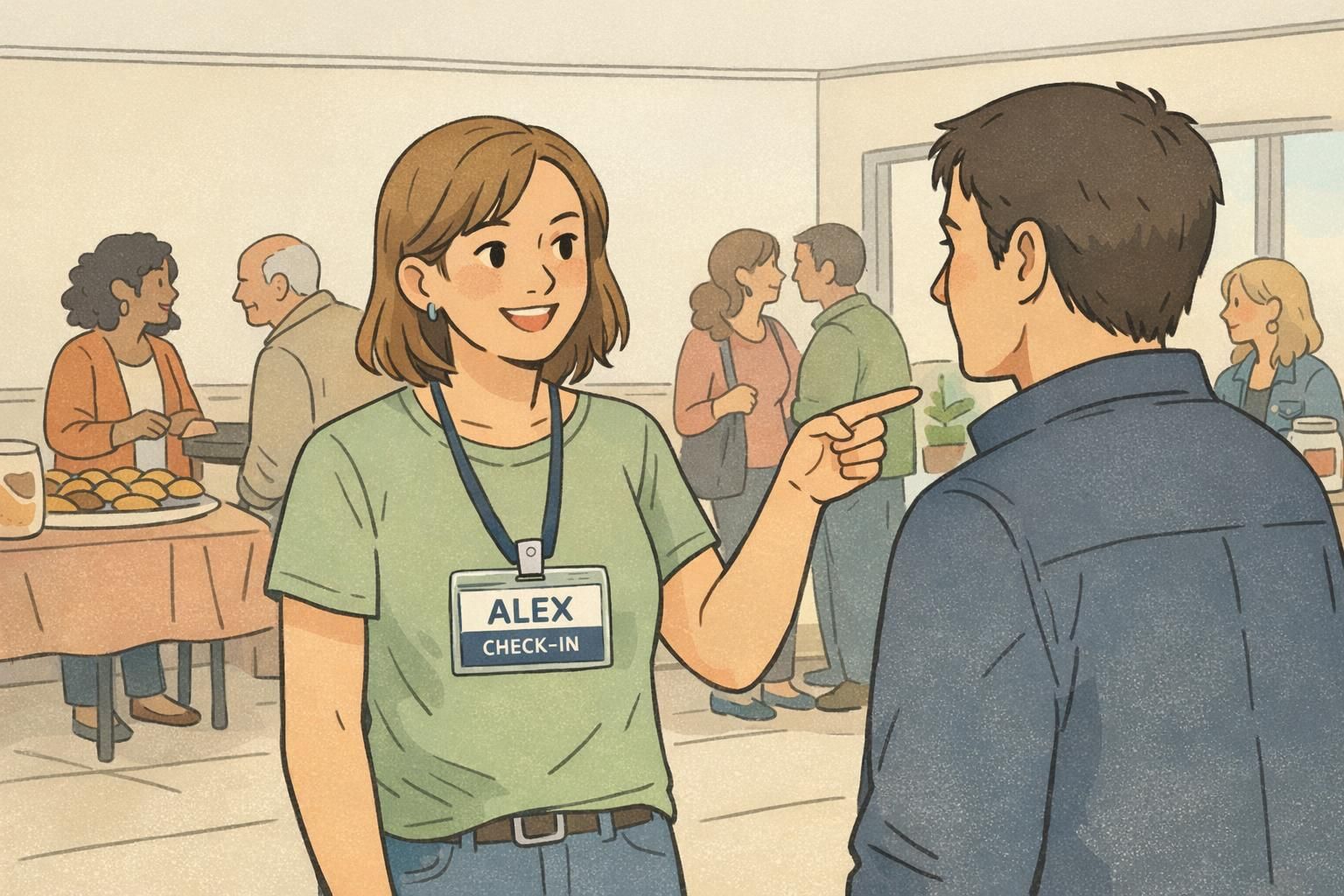 A volunteer wearing a horizontal event volunteer ID clipped to their shirt while directing guests in a crowded indoor lobby.