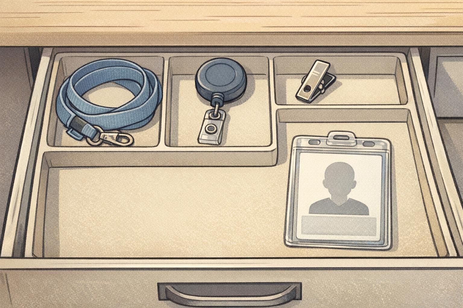 A neatly organized tray showing a soft fabric lanyard, a retractable badge reel, and a clip next to a clear badge holder to demonstrate accessory choices for badge comfort.