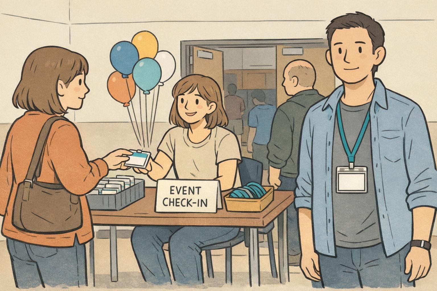 Student volunteer distributes event badges at a gym foyer check-in table, using clear holders and lanyards to speed entry and help maintain school safety.