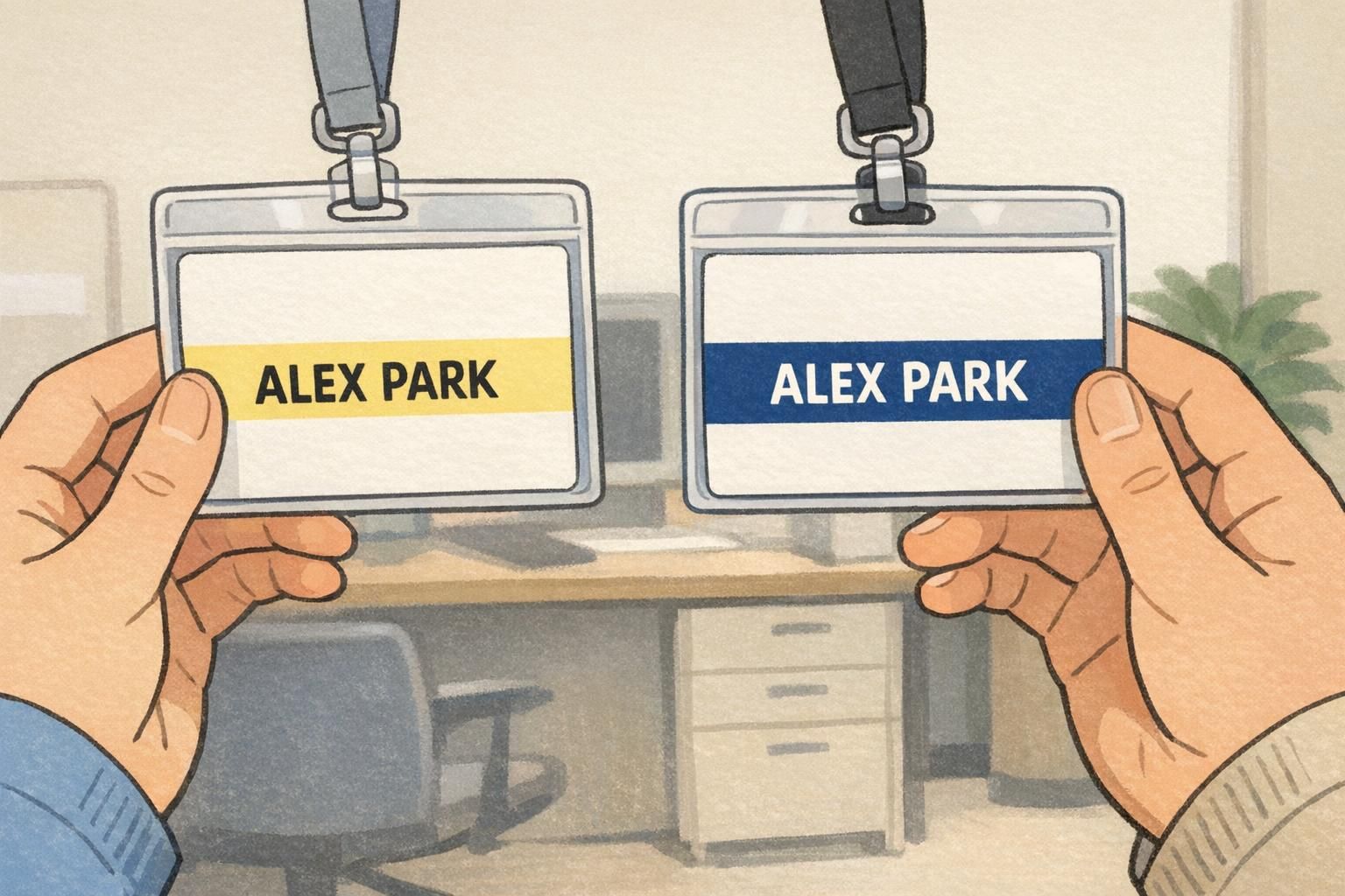 Two coworkers compare two ID cards—one pale yellow with black text and one dark blue with white text—to test readable ID colors in real lighting.