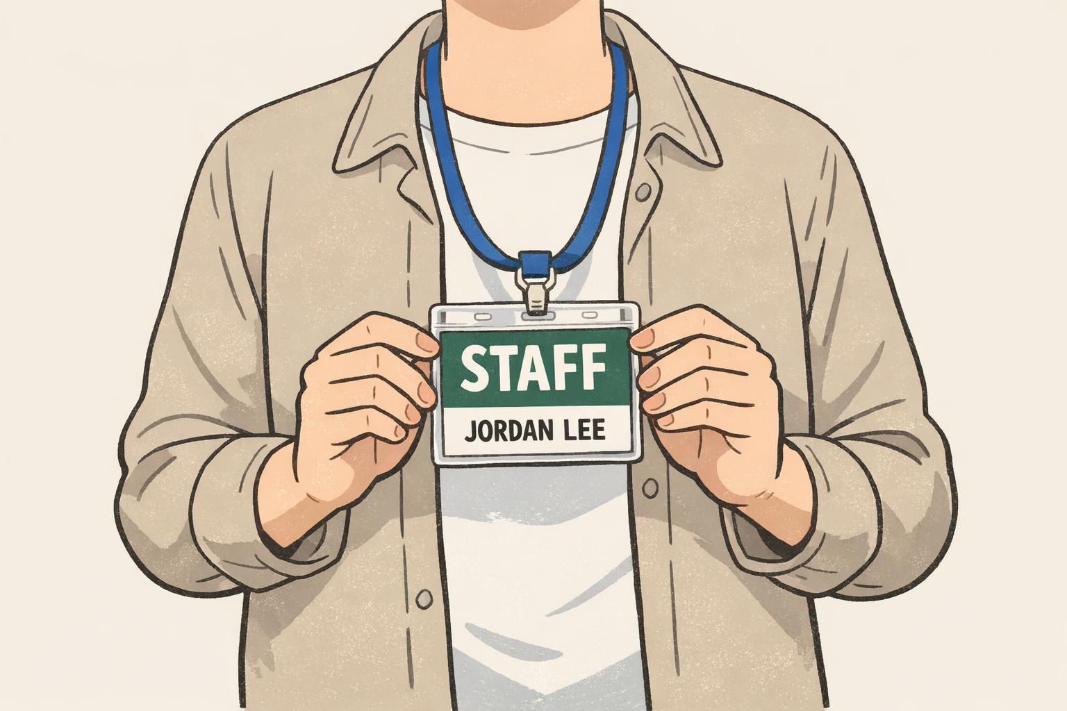 Event check-in staff member holding a lanyard badge with a dark green role band and a separate white name strip, showing clear ID card design and high-contrast text.